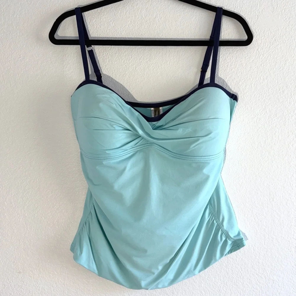 Tommy Bahama Aqua Blue Twist Front Tankini Top Navy Trim XL Swimwear